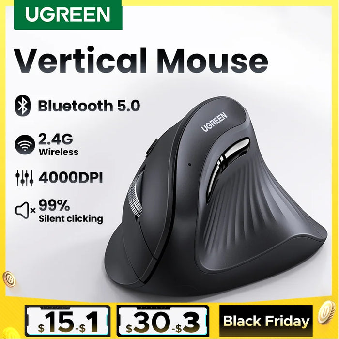 UGREEN Vertical Mouse Wireless Bluetooth5.0 2.4G Ergonomic 4000DPI 6 Mute Buttons for MacBook Tablet Laptops Computer PC Mice