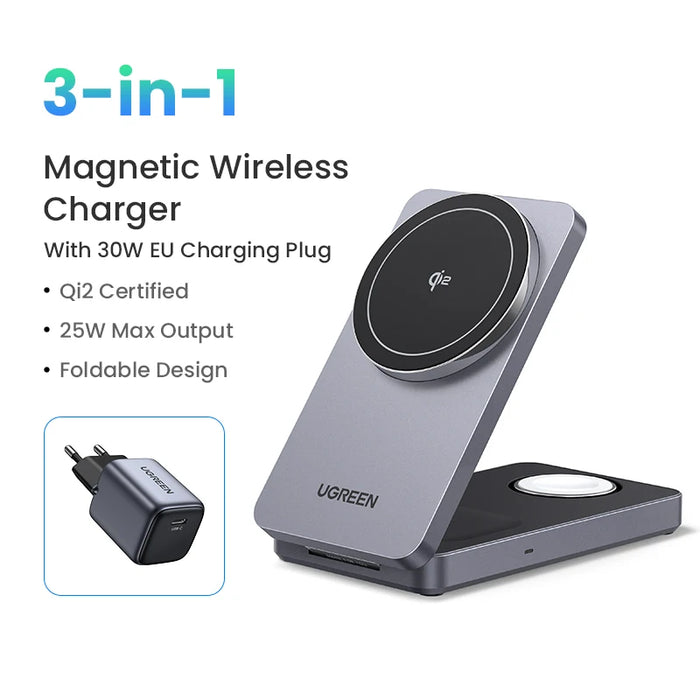 UGREEN MFi 3-in-1 25W Magnetic Wireless Charger Stand Qi2 15W Charging For iPhone 16 Pro Apple Watch For MagSafe Fast Charger