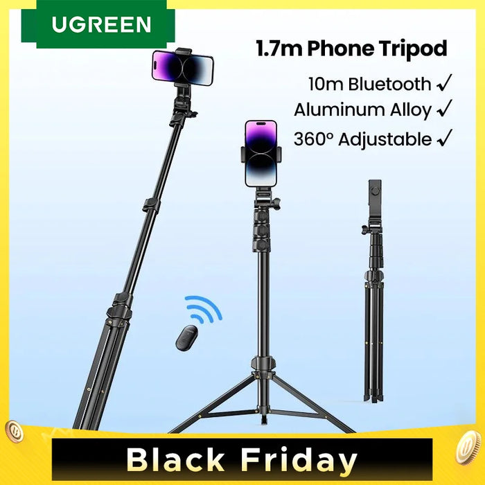 UGREEN 1.7m Phone Tripod Stand For Gopro iPhone Samsung Xiaomi Foldable Aluminum Phone Holder Universal Travel Tripode Holder