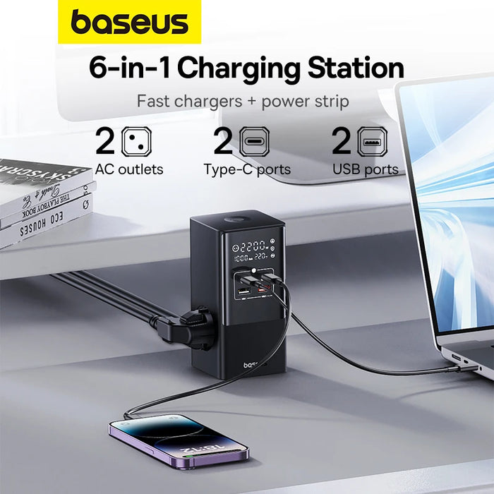 Baseus 100W Fast USB Charger 6 in 1 Power Strip Desktop Charging Station 1200J Surge Protector For MacBook iPhone 16 15 Samsung