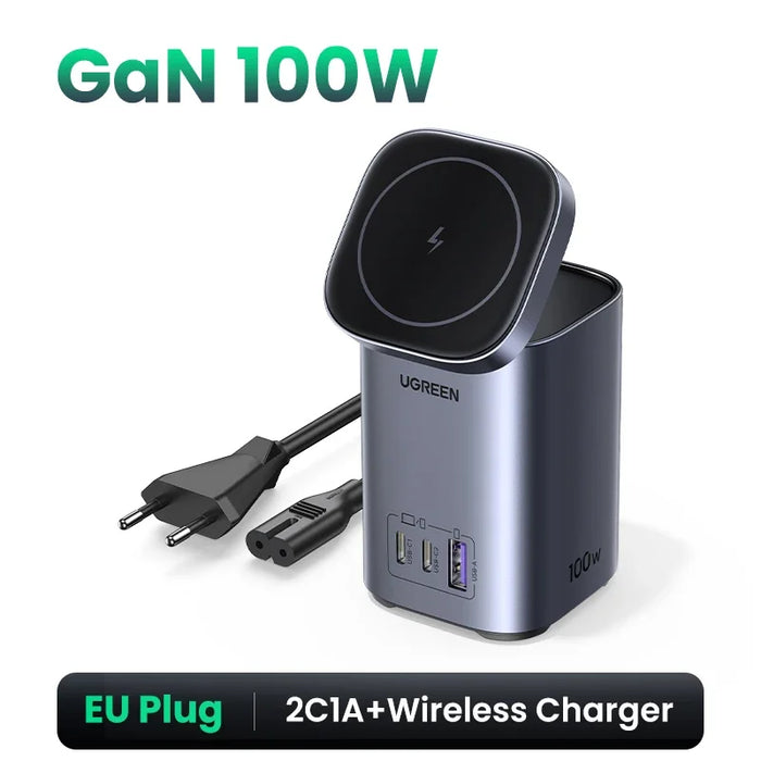 UGREEN GaN 100W Desktop Charger MFi Magnetic Wireless Charger for iPhone 16 15 14 Fast Charger Power Station for Laptop Notebook