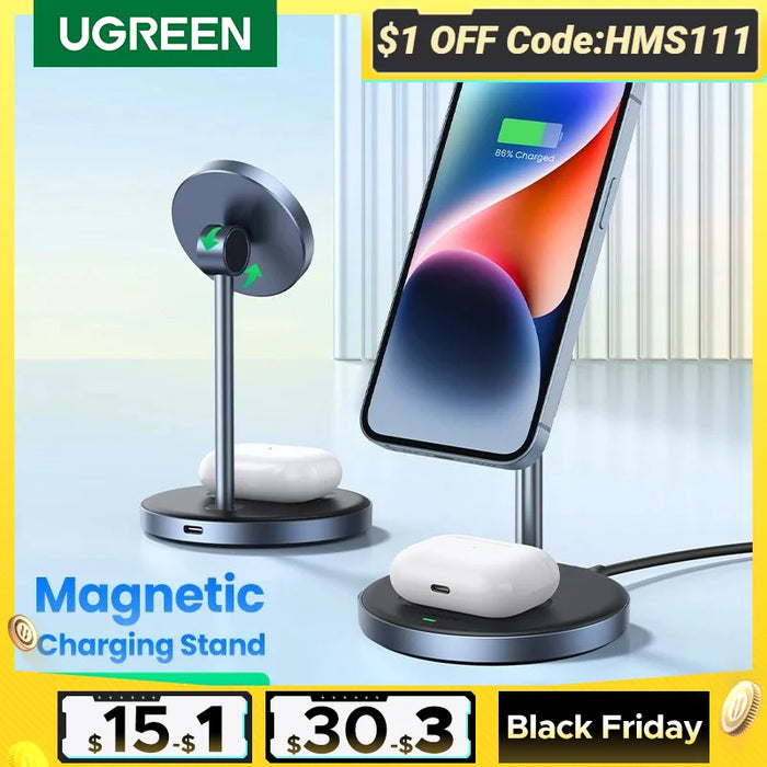 UGREEN Magnetic Wireless Charger Stand 20W Max 2-in-1 Charging Stand For iPhone 15 16 Pro Max/iPhone 14/AirPods Fast Charger