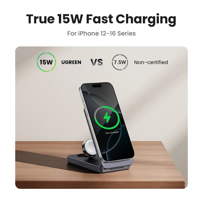 UGREEN MFi 3-in-1 25W Magnetic Wireless Charger Stand Qi2 15W Charging For iPhone 16 Pro Apple Watch For MagSafe Fast Charger