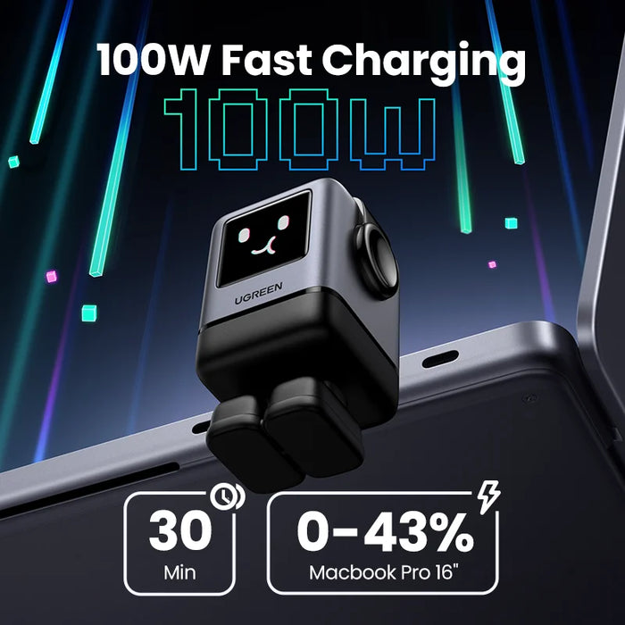 【US Plug】 UGREEN Uno 100W GaN Charger Robot Design QC4.0 3.0 PPS សម្រាប់ iPhone 16 15 14 Pro Macbook Laptops Tablet PD3.0 Fast Charge