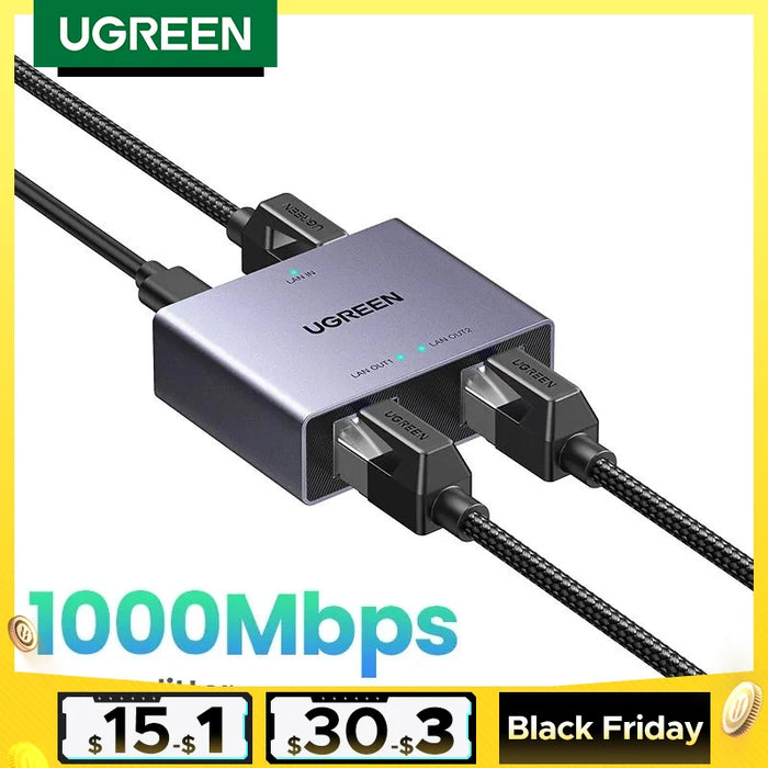 UGREEN 1000Mbps RJ45 Splitter 1 ទៅ 2 Ethernet Adapter Lan Connector rj45 Splitter Switch Coupler for PC Laptop TV Box Router