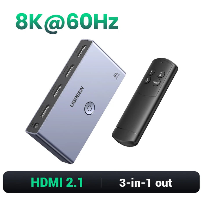 UGREEN HDMI 2.1 Switcher 8K 60Hz 4K120Hz HDMI-compatible Switch 3 in 1 Out with Remote Control Converter For Xbox PS5 Monitors 8K HDMI 2.1V CHINA