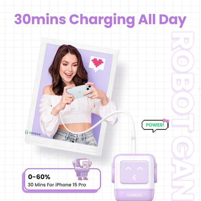 ថ្មី!UGREEN 65W GaN Charger Robot Design Quick Charge 4.0 3.0 PPS សម្រាប់ iPhone 16 15 14 Pro Macbook Laptop Tablet PD Fast Charger