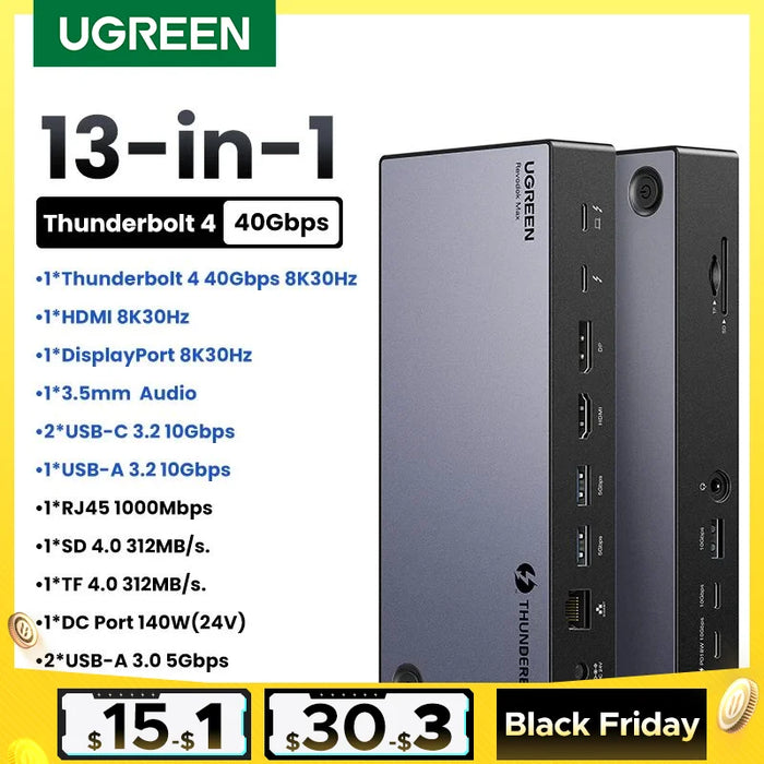 UGREEN Thunderbolt4 Docking Station 13-in-1 40Gbps Triple 4K 60Hz Single 8K 30Hz ជាមួយ HDMI DP RJ45 SD&amp;TF 4.0 សម្រាប់ MacBook Laptop