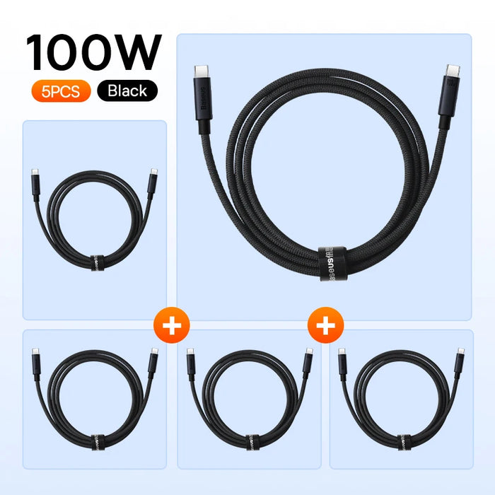 Baseus 5PCS 100W USB C To USB C Cable For iPhone 16 15 PD Fast Charging Charger Wire Cord For Macbook iPad Samsung Huawei Xiaomi