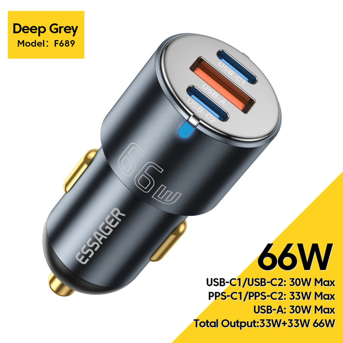 Essager PD 100W 66W Car Charger Fast Charging Quick Charger QC PD 3.0 For iPhone 14 Type C USB Car Charger For Samsung Huawei 66W DEEP GREY