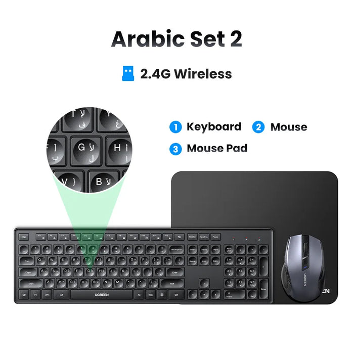 UGREEN Wireless Keyboard Mouse Set 2.4G 4000DPI Ergonomic Mice 104 Keys for Computer Laptop PC English US Arabic Keycaps Layout