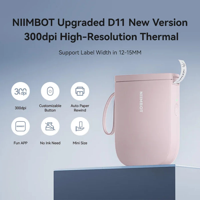 កំណែថ្មី NIIMBOT D11 ម៉ាស៊ីនបោះពុម្ពកំដៅចល័តឥតខ្សែ ឧបករណ៍បង្កើតស្លាកសញ្ញាបិទភ្ជាប់ Inkless សម្រាប់ទូរស័ព្ទ Android IOS 