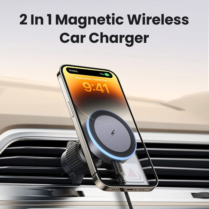 UGREEN Qi2 15W Magnetic Car Phone Holder Wireless Charger Stand for iPhone 16 Pro Max Charging for Magsafe Car Charger LED Light 