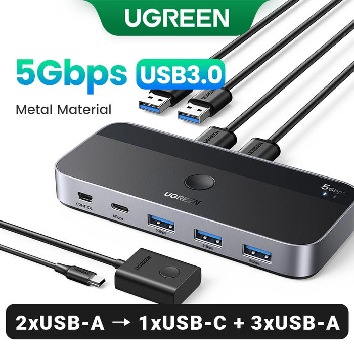 UGREEN USB Switch USB 3.0 2.0 Switcher Switch សម្រាប់ Windows10 PC Keyboard Mouse Printer 2 PCs ចែករំលែកឧបករណ៍ 4 USB Switch