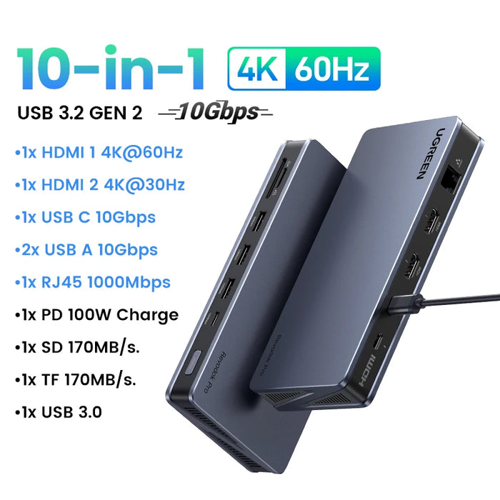 UGREEN Dual HDMI USB C HUB 4K60Hz HDMI Adapter ជាមួយ RJ45 10Gbps USB3.2 PD 100W Dock សម្រាប់ MacBook Pro Air M2 M1 USB HUB Docking