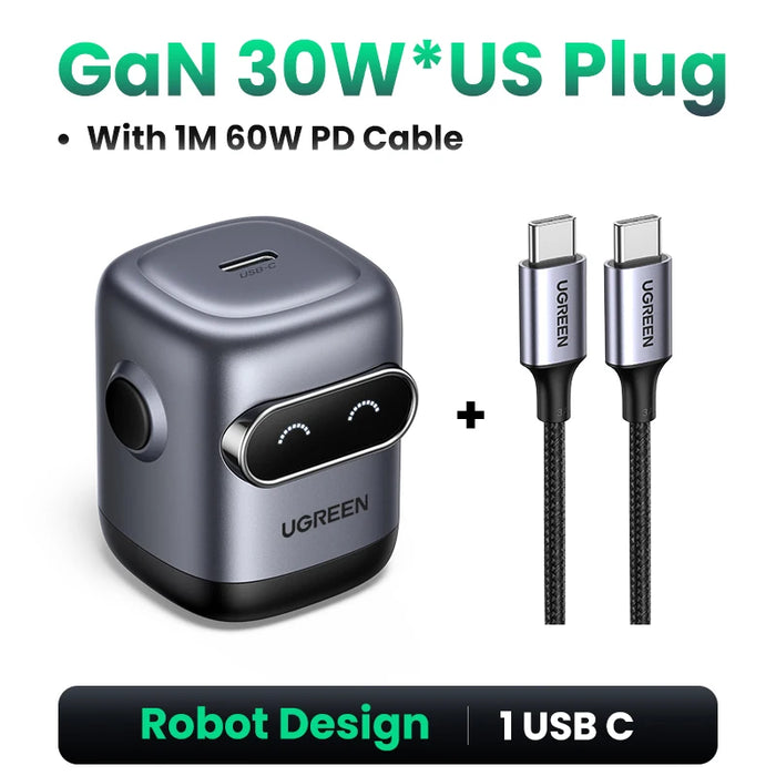 【US Plug】UGREEN 30W GaN Charger 2nd Gen Robot QC4.0 3.0 PPS PD3.0 Fast Charger For iPhone 16 15 14 Pro Max Samsung Xiaomi iPad