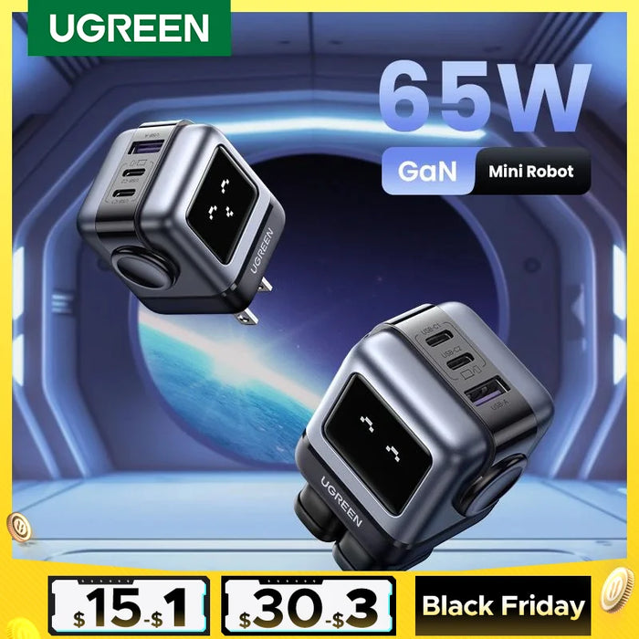 【US Plug】 UGREEN 65W 30W GaN Charger Robot Design PD3.0 Fast Charger QC4.0 3.0 PPS សម្រាប់ iPhone 16 15 14 Pro ថេប្លេតកុំព្យូទ័រ Macbook