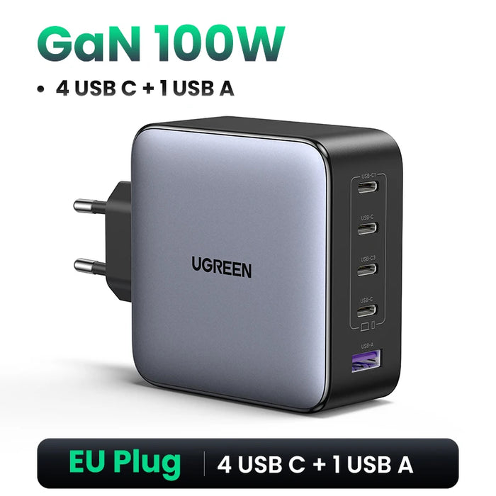 UGREEN 100W GaN Charger 5 Ports USB C Charger QC4.0 3.0 PPS សម្រាប់ Macbook Air Laptop Tablet ឧបករណ៍សាក PDFast សម្រាប់ iPhone 16 15 14 Pro