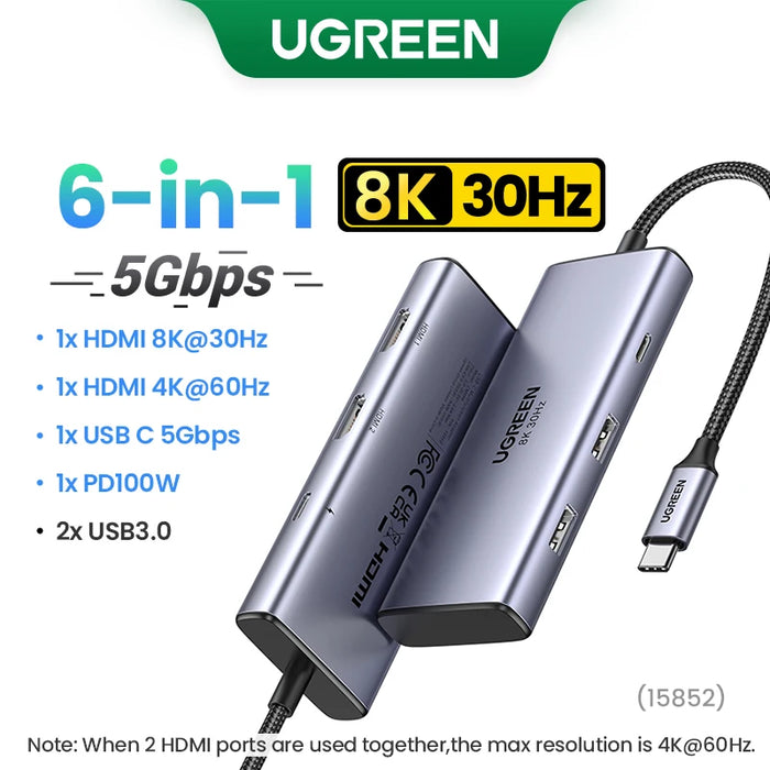 UGREEN USB C HUB 8K30Hz 4K60Hz USB C ទៅ 2xHDMI 2.1 RJ45 អាដាប់ទ័រ USB 3.0 PD សម្រាប់ Macbook iPad M2 M1 PC Accessories USB C Splitter