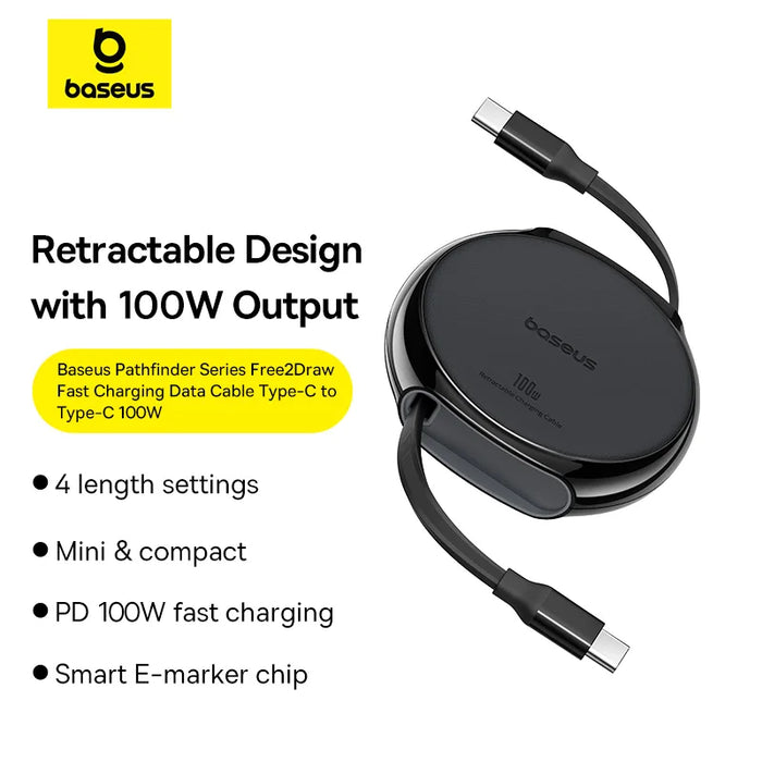 Baseus Retractable USB C Cable 100W Cable  For MacBook iPad Fast Charger Cable for iPhone 16 15 Plus Pro Max Charger Data Wire