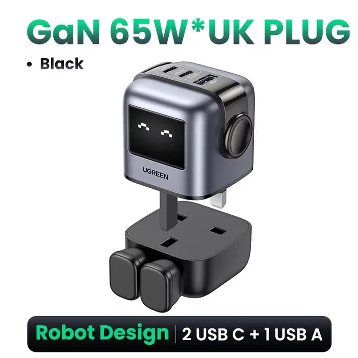 ថ្មី!UGREEN 65W GaN Charger Robot Design Quick Charge 4.0 3.0 PPS PD Fast Charger for iPhone 16 15 14 Pro Macbook Laptop Tablet