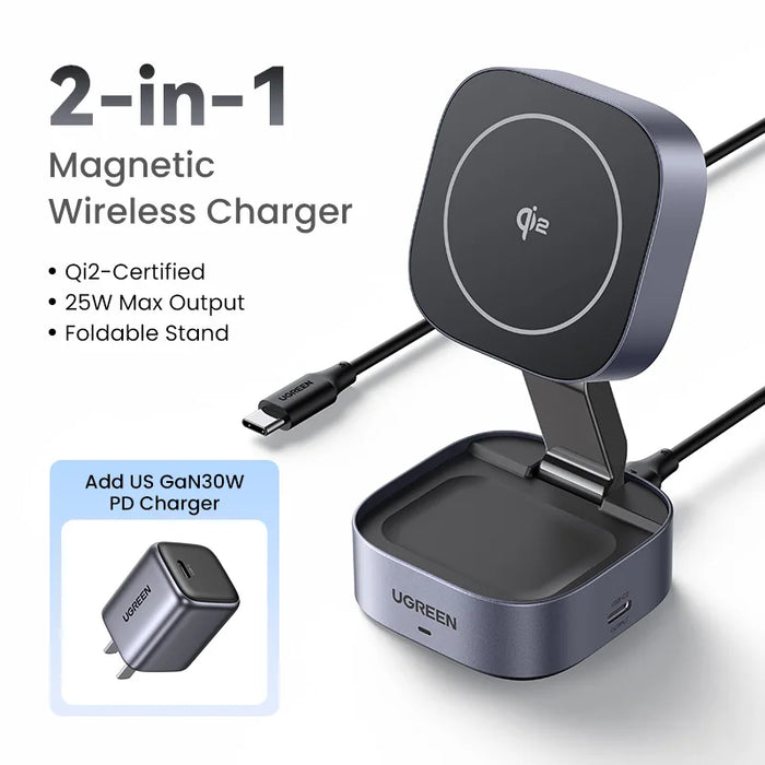 UGREEN Qi2 25W Magnetic Wireless Charger Stand 2-in-1 Charging Stand For iPhone 15 16 Pro Max/AirPods For MagSafe Fast Charger