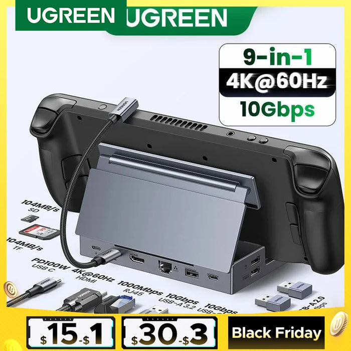 (RU ពិសេស) UGREEN Revodok Steam Deck Dock 9-in-1 USB-C ដល់ 4K60Hz 10Gbps USB-A&amp;C 1000Mbps RJ45 PD100W សម្រាប់ Game Console ROG X