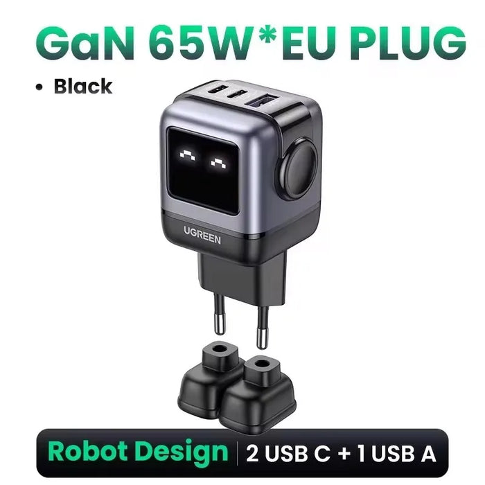 ថ្មី!UGREEN 65W GaN Charger Robot Design Quick Charge 4.0 3.0 PPS សម្រាប់ iPhone 16 15 14 Pro Macbook Laptop Tablet PD Fast Charger