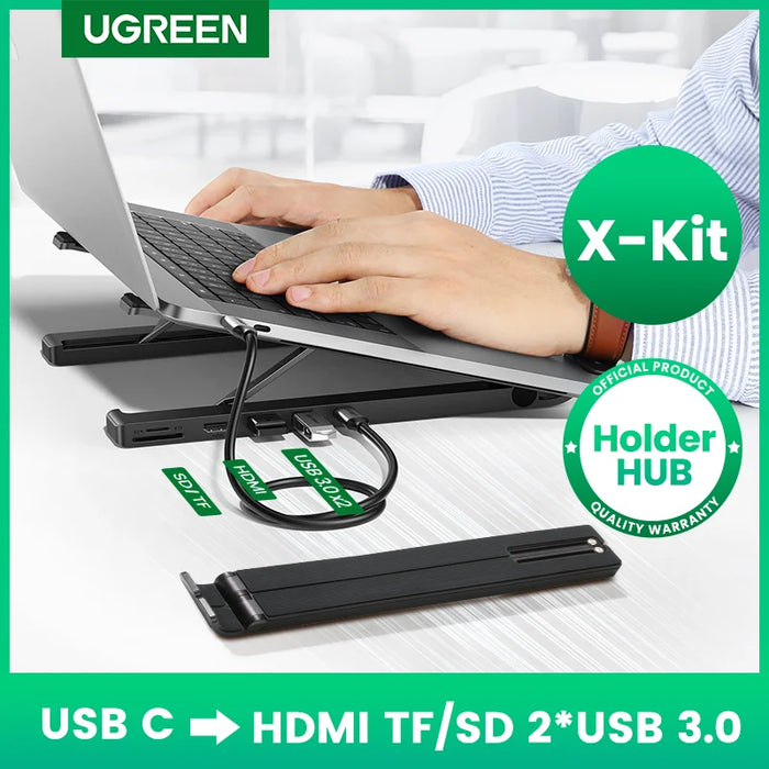 【X-Kit Holder HUB】 UGREEN USB HUB Docking Station USB C 4K HDMI TF SD 2 USB 3.0 Ports Laptop Stand for Macbook Dell USB HUB 