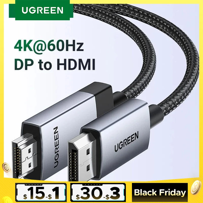 UGREEN DisplayPort to HDMI Cable 4K 60Hz DP to HDMI Cable Display Port Male to HDMI Male Adapter for HDTV Projector DP to HDMI