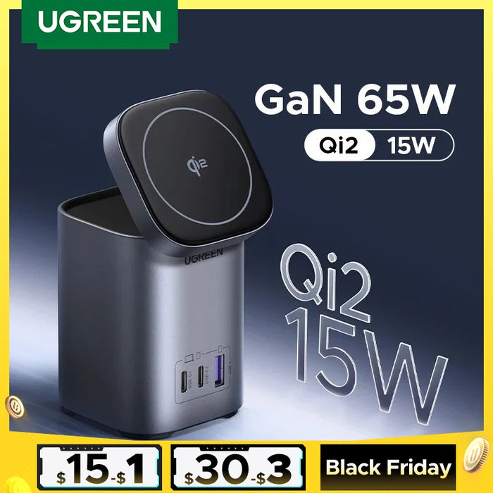 UGREEN GaN 100W Desktop Charger Qi2 15W Magnetic Wireless Charger Stand