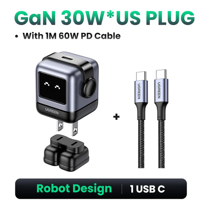 【US Plug】 UGREEN 65W 30W GaN Charger Robot Design PD3.0 Fast Charger QC4.0 3.0 PPS សម្រាប់ iPhone 16 15 14 Pro ថេប្លេតកុំព្យូទ័រ Macbook