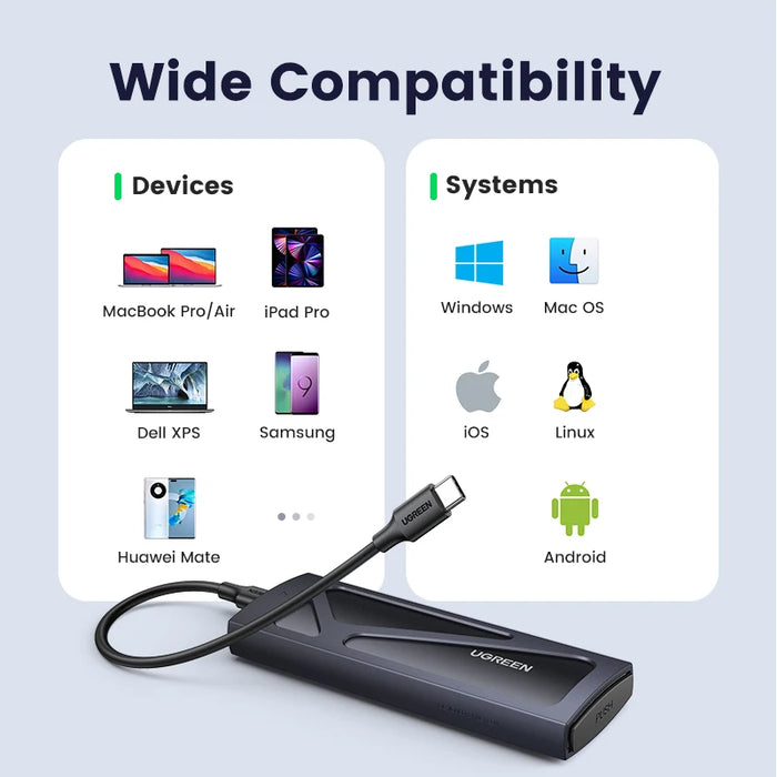 UGREEN M.2 NVMe SSD Case Adapter 10Gbps USB C 3.2 Gen2 Tool-Free External Enclosure NVMe Reader Supports M and B&M Keys