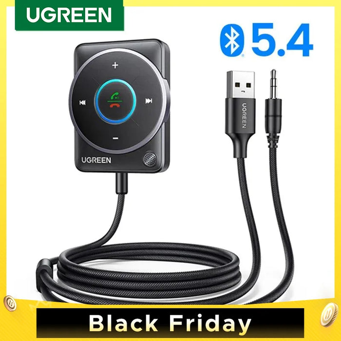 UGREEN ប៊្លូធូស 5.4 អាដាប់ទ័រអ្នកទទួលរថយន្តជាមួយមីក្រូហ្វូន និងការលុបចោលសំឡេងរំខាន ឧបករណ៍ទទួលប៊្លូធូស USB AUX ស្តេរ៉េអូអូឌីយ៉ូរថយន្ត