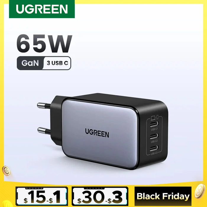 UGREEN 65W GaN Charger Quick Charge 4.0 3.0 PPS PD 3.0 Fast Charger 3 USB C For Macbook Air Laptops Tablets iPhone 16 15 14 Pro