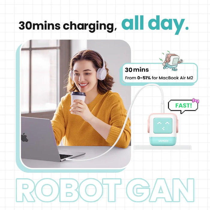 UGREEN 65W GaN Charger Robot Design Quick Charge 4.0 3.0 PPS For Macbook Laptop Tablet iPhone 16 15 14 Pro PD Fast USB Charger