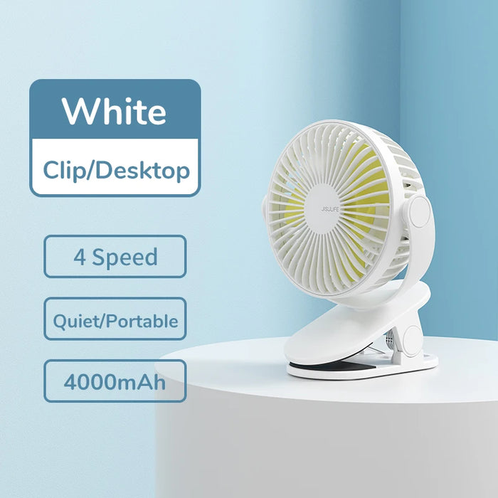 JISULIFE Clip Fan Mini Portable Stroller Fans with 4 Speeds Rechargeable Ultra Quite Battery Operated Fan for Home Office White clip fan 4000 mah 1
