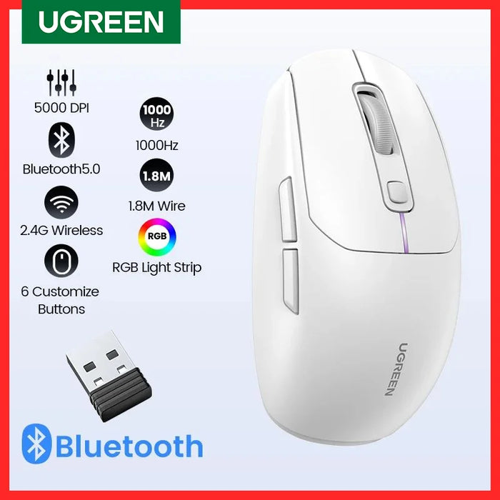 UGREEN Gaming Mouse 5000DPI Wireless Mouse Bluetooth 5.0 2.4G Wired Rechargeable Gamer Mice 6 Buttons For MacBook Tablet Laptops