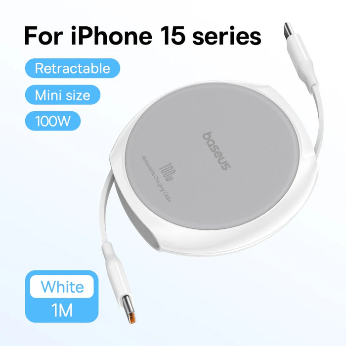 Baseus Retractable USB C Cable 100W Cable  For MacBook iPad Fast Charger Cable for iPhone 16 15 Plus Pro Max Charger Data Wire