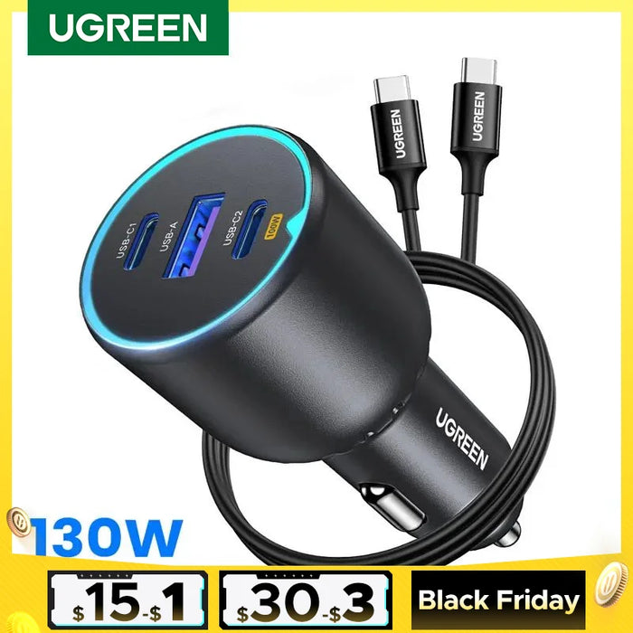 UGREEN 130W USB C Fast Car Charger with PD Cable for Xiaomi iPhone 15 Samsung Galaxy S24 Laptops Fast USB C Car Charger QC4