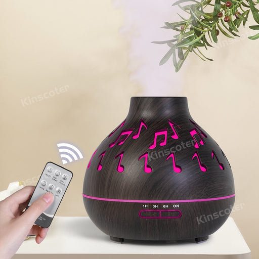 Music Symbol Wood Grain Aroma Diffuser 400ml Essential Oil Air Humidifier Home Appliances With Night Light Remote Control Timer Dark Wood Grain