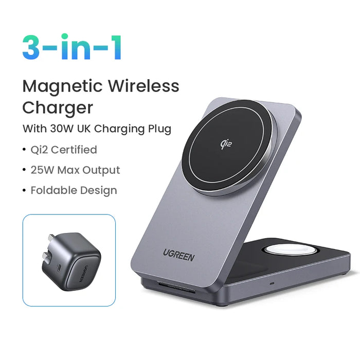 UGREEN MFi 3-in-1 25W Magnetic Wireless Charger Stand Qi2 15W Charging For iPhone 16 Pro Apple Watch For MagSafe Fast Charger