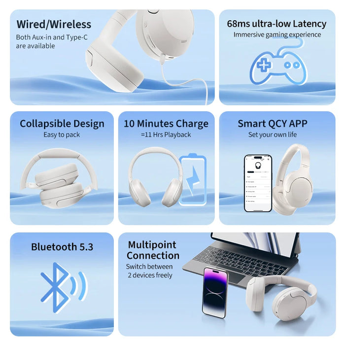 QCY H3 Lite ANC Wireless Headphones Bluetooth 5.3 Active Noise Cancelling Over Ear Headset 40mm Driver HiFi Sound Earphones