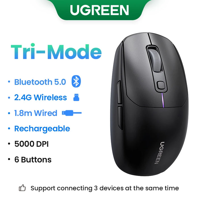 UGREEN Wireless Mouse Bluetooth5.0 Mouse Ergonomic 4000DPI 6 Mute Buttons Mouse For MacBook Tablet Laptops Computer PC 2.4G Mice Tri-Mode Black Mouse CHINA