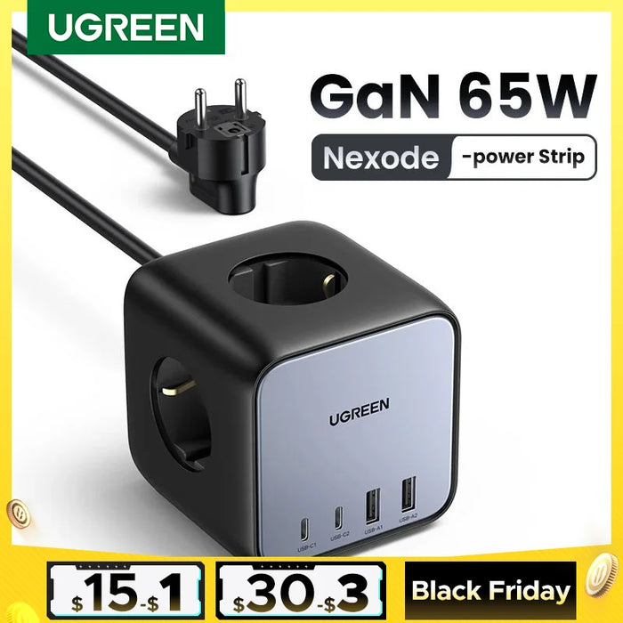 UGREEN GaN65W Power Strip ស្ថានីយ៍សាកថ្មលឿនសម្រាប់ iPad Pro 13 កុំព្យូទ័រយួរដៃ iPhone 15 Pro ឆ្នាំងសាកទូរស័ព្ទ