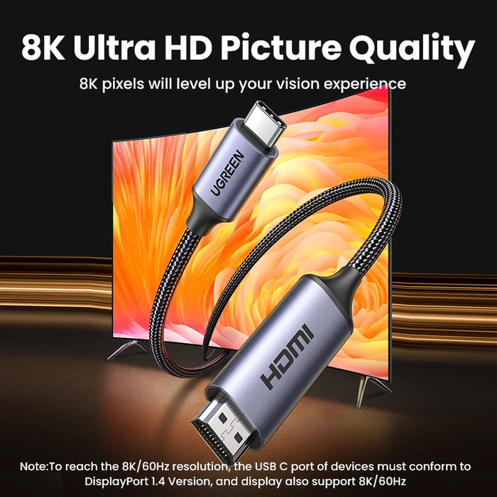 UGREEN USB C ទៅ 4K 8K HDMI-ខ្សែដែលត្រូវគ្នានឹង HDMI 8K/60Hz 4K/120Hz សម្រាប់ MacBook Pro iMac iPad Pro សម្រាប់ Samsung Galaxy USB C ទៅ HDMI 2.1