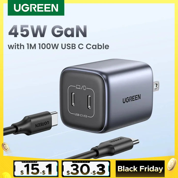 【US Plug】UGREEN GaN 45W USB Charger PD QC 3.0 Fast Charger Quick Charger For iPhone 15 14 Pro Samsung S24 S23 With 1m 100W Cable