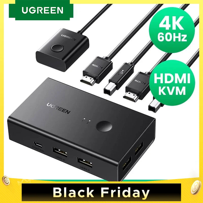 UGREEN HDMI-compatible KVM Switch 4K@60Hz USB 2.0 Switcher  for Printer Monitor Mouse 2 PCs Sharing 1 Device with HDMI Cables