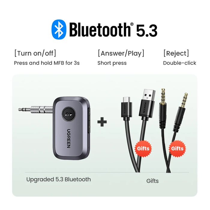 អាដាប់ទ័រ UGREEN Bluetooth Car Receiver Adapter 3.5mm AUX Jacks for Car Speakers Audio Music Receiver Hands Free Bluetooth 5.3 Adapter