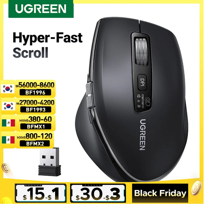 UGREEN Hyper-Fast Scroll Wireless Mouse Bluetooth 5.4 2.4G Ergonomic 5000DPI សម្រាប់ MacBook Tablets Laptops Computer Mice